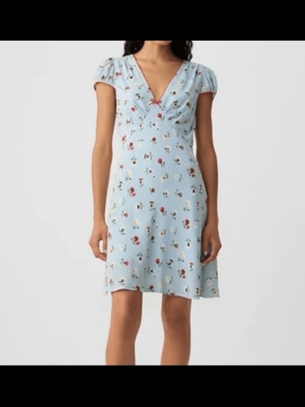 GAP X Doen Light Blue Floral V-Neck Short Sleeve Dress with Pink Bow